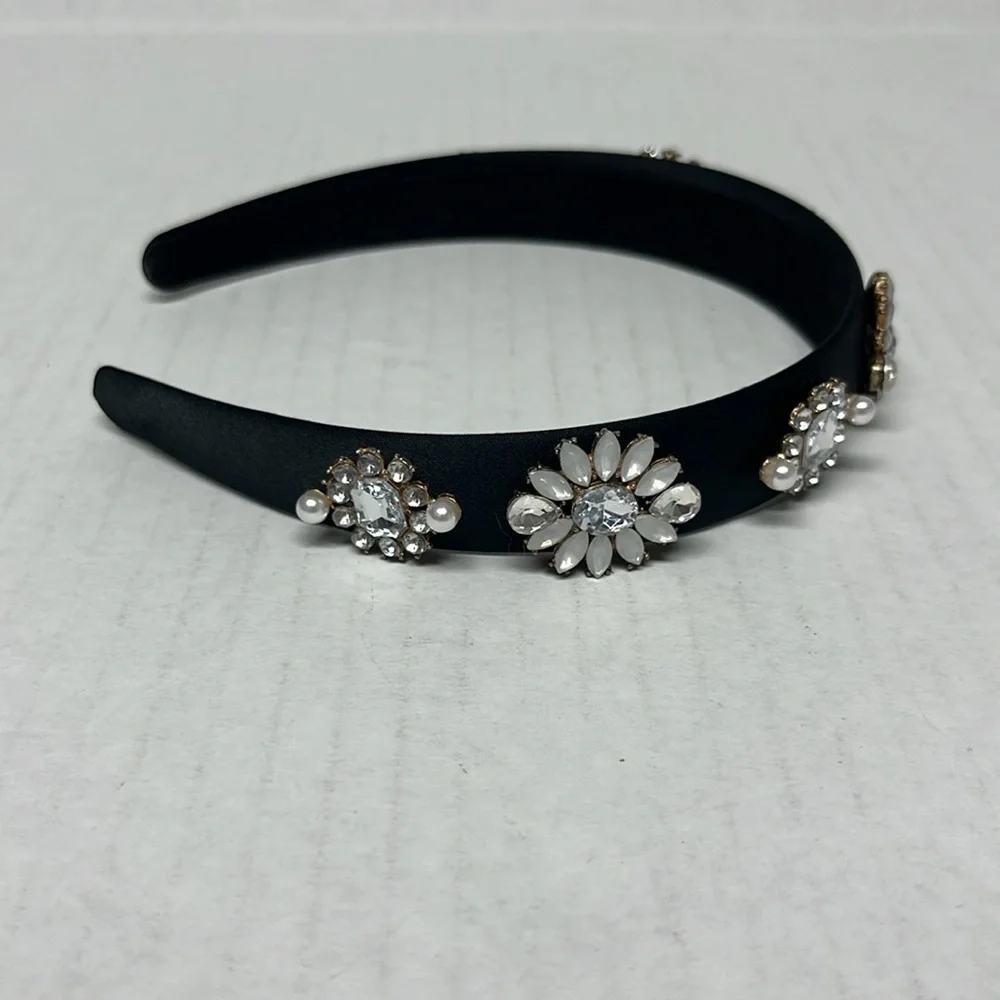 Black Satin Jeweled Embellished faux pearl rhinstones Headband coquette softgirl - Picture 4 of 8